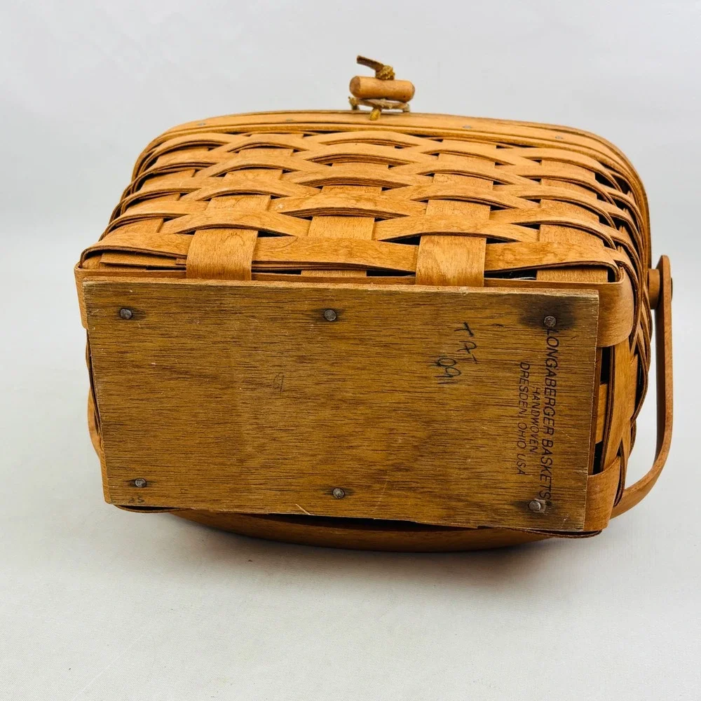 Vintage Longaberger Small Wood Picnic Basket Moving‎ Handle Brown Handwoven 1991
